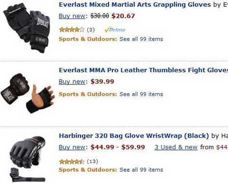 MMA gloves results in Amazon